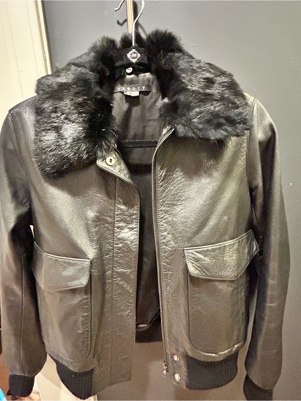 Theory Black Leather Jacket with Rabbit Fur Collar